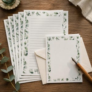 May include: A set of stationery featuring white paper sheets with a green eucalyptus leaf border. The collection includes lined writing paper, a smaller unlined note card, and a cream-colored envelope, accompanied by a wooden fountain pen.
