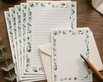 Eucalyptusbrievenset, botanische correspondentiekit, A5 gelinieerde vellen, bijpassende enveloppen, briefpapier saliegroen, penvriendcadeau, 100 gsm