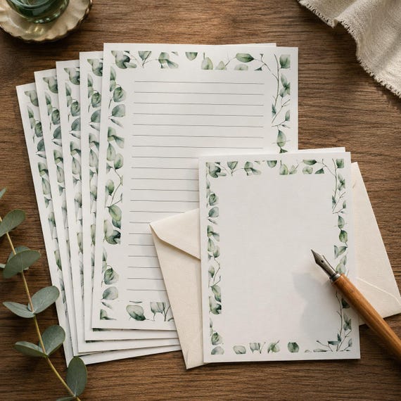Eucalyptus Letter Set, Botanical Correspondence Kit, A5 Lined Sheets, Matching Envelopes, Sage Green Stationery, Pen Pal Gift, 100gsm
