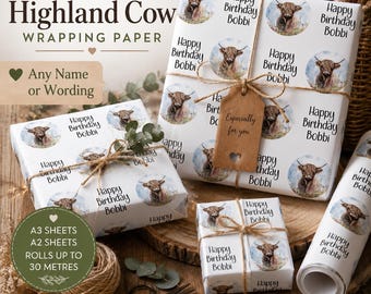 Highland Cow Wrapping Paper Personalised Gift Wrap Custom Name Eco Friendly Birthday Paper A3 A2 30m Rolls