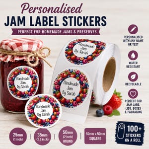 May include: Personalized jam label stickers with a colorful berry wreath design. The labels are available in various sizes, including 1 inch, 1.5 inch, and 2 inch round, and 2 inch square. The labels are water-resistant and recyclable.