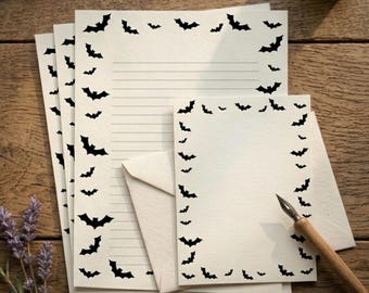 Briefpapierset vleermuis, briefpapier met gotische brief, griezelig penvriendpakket, Dark Academia-cadeau, A5-briefpapier vleermuisrand met enveloppen