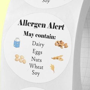Allergen Alert stickers on a roll. Small Business food packaging labels 25mm 35mm 50mm Round square egg nuts soy dairy wheat. Warning labels