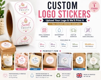 May include: A roll of custom logo stickers with the text "Sweet Treats Bakery" and a cupcake illustration. The image also shows examples of the stickers on various products, including candles, wax melts, and soap.