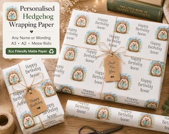 Personalised Hedgehog Wrapping Paper Book Lover Gift Wrap Custom Name Birthday Paper Eco Friendly A3 A2 Rolls