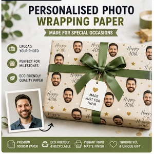 May include: Personalized photo wrapping paper with a repeating pattern of a man's face and the text "Happy 40th." The gift wrap is tied with a green ribbon and a tag that says "Made Just For Them."