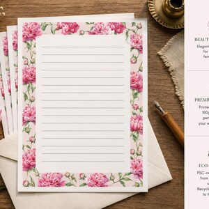 May include: A stack of white stationery sheets featuring a pink peony floral border and horizontal black lines. The text on the right side lists features including beautiful design, premium quality 100gsm paper, and eco-friendly FSC-certified paper.