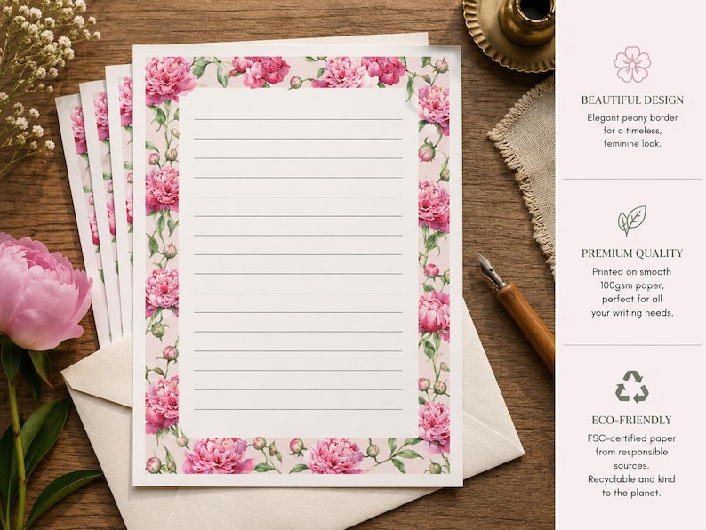 May include: A stack of white stationery sheets featuring a pink peony floral border and horizontal black lines. The text on the right side lists features including beautiful design, premium quality 100gsm paper, and eco-friendly FSC-certified paper.