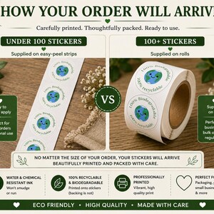 Comparison image showing biodegradable stickers supplied on easy-peel strips or rolls for larger orders.