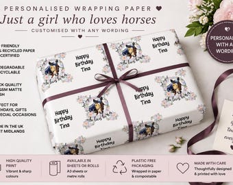 Horse Wrapping Paper Personalised Gift Wrap Girl Who Loves Horses Eco Friendly A3 A2 Sheets Metre Rolls