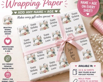 Personalised Sewing Gift Wrap | Custom Name Age Birthday Paper | Vintage Sewing Machine Design | A3 A2 Sheets or Rolls Eco