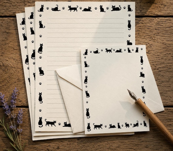 Gothic Black Cat Stationery Witchy Letter Paper Notecard Envelope Feline Halloween Penpal Gift Writing Sheets Matching Envelopes 100gsm