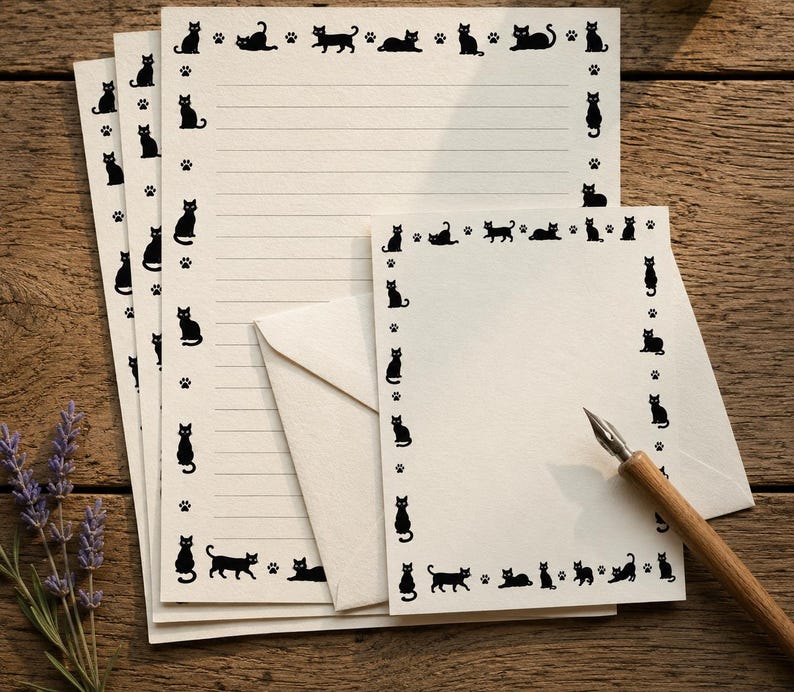 Op de afbeelding: Een set cr&egrave;mekleurig briefpapier met een rand van zwarte katten en pootafdrukken. De set bevat meerdere gelinieerde vellen, een kleinere ongelinieerde kaart, een bijpassende envelop en een houten kroontjespen om mee te schrijven.