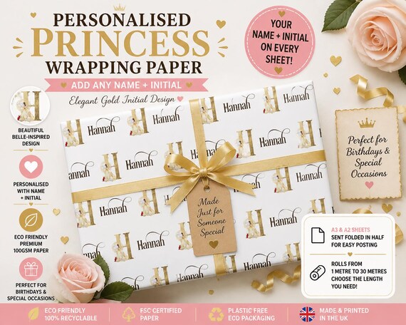 Personalised Belle Princess Gift Wrap | Custom Name Initial Wrapping Paper | Elegant Gold Letter Design | A3 A2 Sheets or Rolls Eco