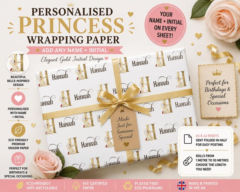 May include: Personalized princess wrapping paper with a gold ribbon and tag. The white paper features a repeating pattern of the name "Hannah" and a gold initial "H" with a belle-inspired design. The wrapping paper is perfect for birthdays and special occasions.