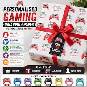 Könnte beinhalten: Personalisiertes Gaming-Geschenkpapier mit weißem Hintergrund, mit roten Gamecontrollern und dem Text "Happy Birthday Simon". Eine rote Schleife und ein Etikett mit der Aufschrift "Made for Gamers" befinden sich auf dem Geschenk. Erhältlich in mehreren Farben.