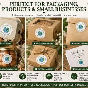 Biodegradable stickers applied to bakery boxes, envelopes, jars and eco packaging products.