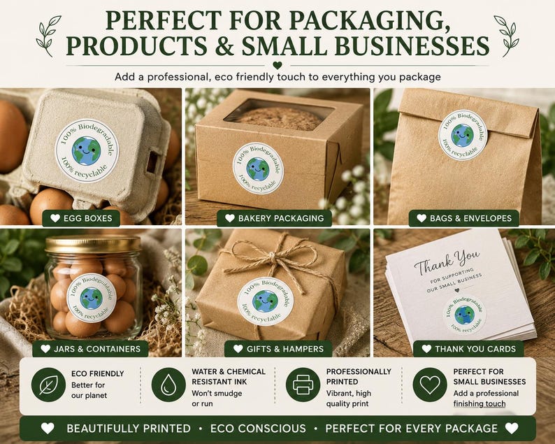 Biodegradable stickers applied to bakery boxes, envelopes, jars and eco packaging products.