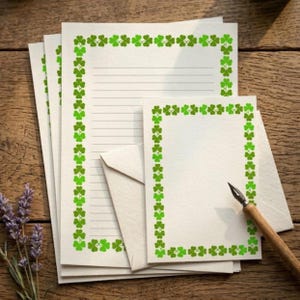 May include: Stationery set featuring cream-colored paper with a green shamrock border. The set includes lined writing paper, a blank card, and an envelope. A wooden-handled pen rests on the wooden surface, next to the stationery.