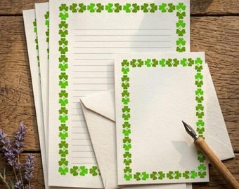 Shamrock Writing Paper and Envelopes Set, Recycled A5 Lucky Clover Stationery, Eco Friendly Good Luck Gift, UK Made Lined or Plain Sheets