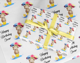 Personalised Birthday Gift Wrap | Custom Name Age Wrapping Paper | Cute Teddy Bear Design | A3 A2 Sheets or Rolls Eco