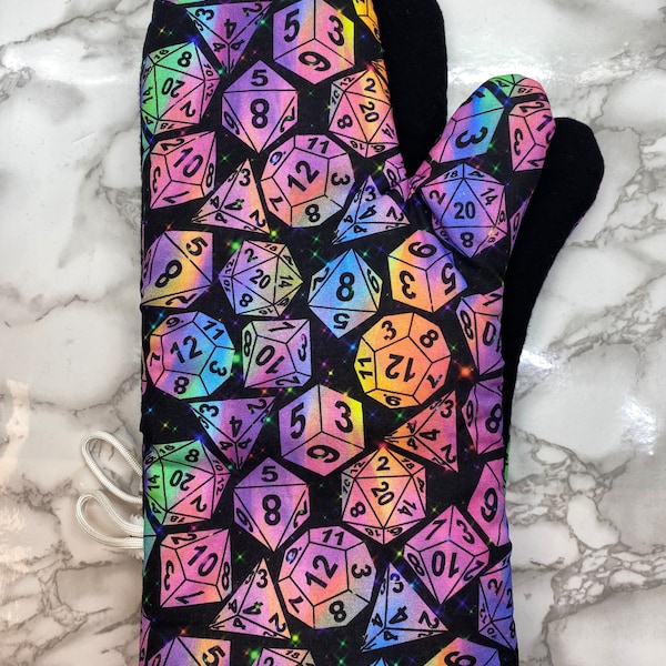 Oven mitts! Dungeons and Dragons dice. Rainbow.  A pair of fully functional, long oven gloves! Kitchen. Baking. Adult size