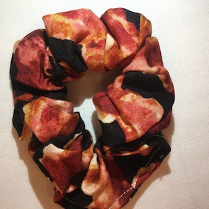 Scrunchie. Hair tie. Hair elastic. Bacon. Upcycled fabric. Unique hair accessory.