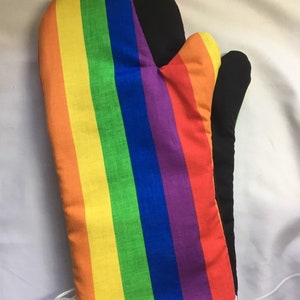 Oven mitts! Rainbow, or pride LGBTQ, stripes. A pair of fully functional, long oven gloves!  Baking. Kitchen. Pot holders. Adult size