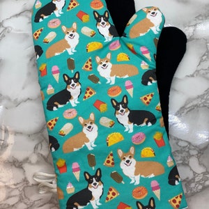 Oven mitts! Corgis and junk food. A pair of fully functional, long oven gloves! Kitchen. Baking. Adult size