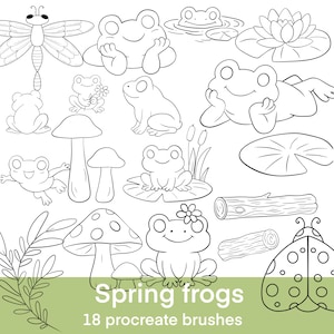 May include: Black and white illustration of various spring-themed elements. The image includes frogs, mushrooms, lily pads, a dragonfly, and a ladybug. Text at the bottom reads "Spring frogs" and "18 procreate brushes".