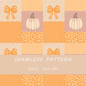 Puede incluir: Un patrón sin costuras con un diseño repetido de calabazas, lazos y texturas en naranja y crema. Se muestra el texto "SEAMLESS PATTERN", junto con las dimensiones y la resolución.