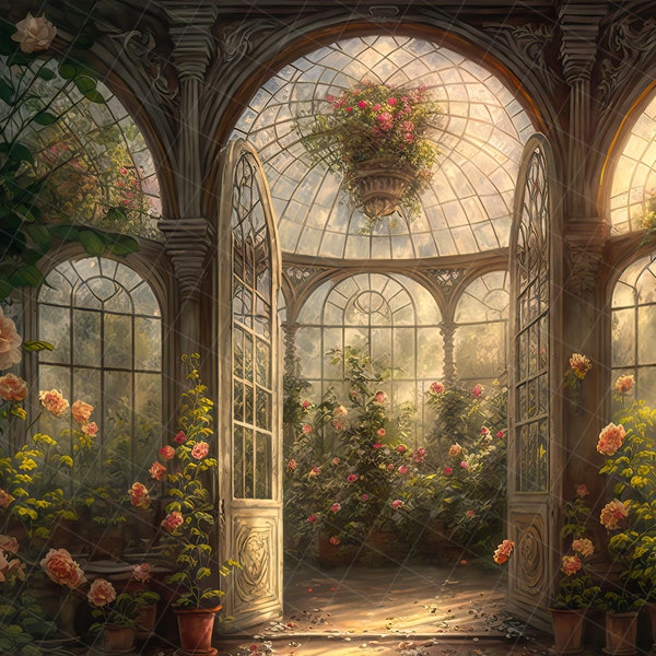 Dreamy victorian greenhouse digital background, background for composites, floral