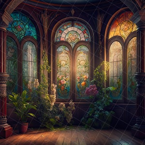 Stained glass botanical room digital background, floral background, DIGITAL DOWNLOAD