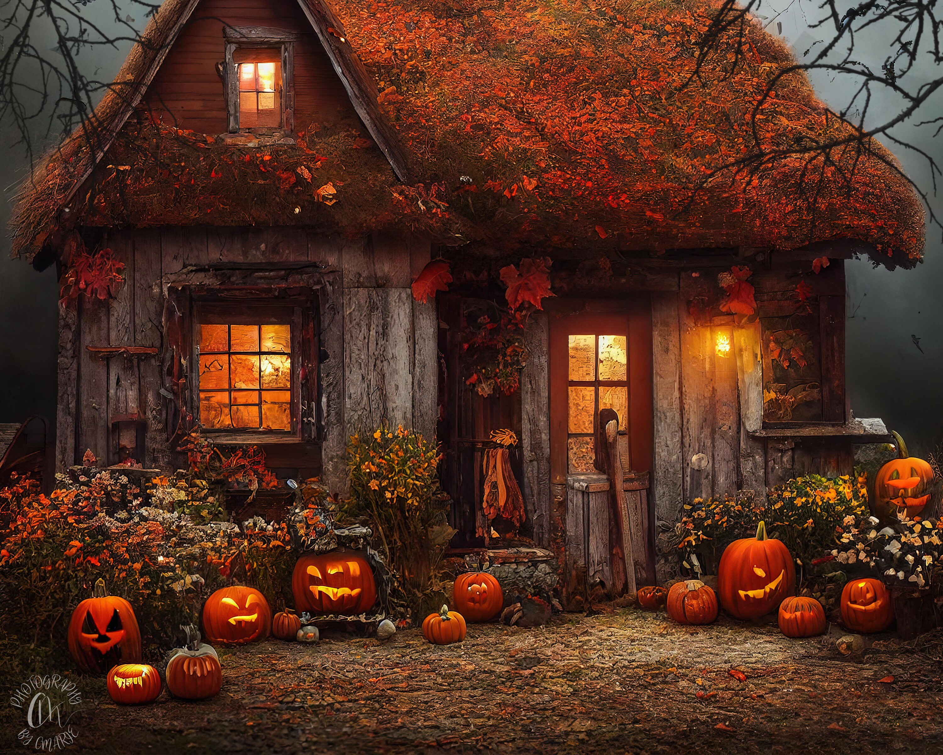 AI Witch Cottage Digital Background, Halloween Background for Composite