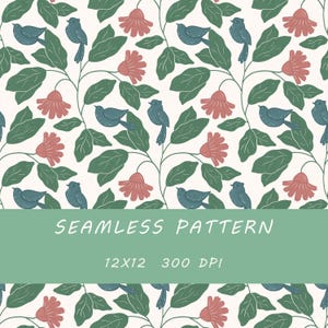 Blåfågelblommor sömlösa mönster, blommönster, handritad design, folklig blomdesign, söt dekor, digitalt papper, digital nedladdning