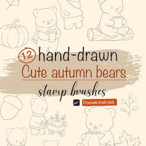 May include: A digital collection of 12 hand-drawn stamp brushes for Procreate featuring bears in autumn settings, including bears with pumpkins, scarves, hats, and mugs, alongside line art of an acorn, oak leaf, and a small branch.