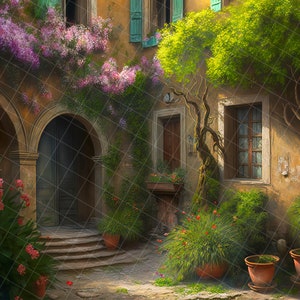 Puede incluir: Una representación artística de un patio soleado con una arcada de piedra y una puerta de madera. Las paredes están adornadas con plantas trepadoras y flores vibrantes. Las plantas en macetas y los árboles se suman al encanto de la escena, creando una atmósfera serena y acogedora.