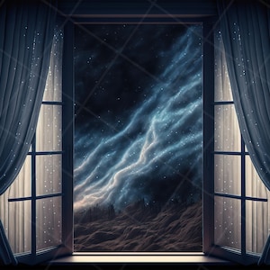 May include: A window with dark blue curtains pulled back to reveal a view of a starry night sky with a swirling nebula. The window is framed in dark wood and has a white paneled interior.
