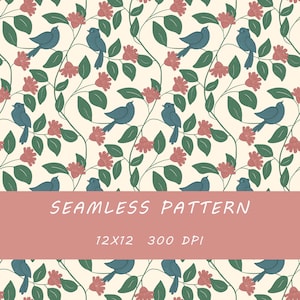 Blåfågelträdgård sömlöst mönster, blommönster, handritad design, folklig blomdesign, söt dekor, digitalt papper, digital nedladdning