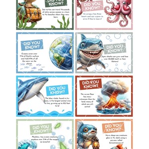 Cartes d'information sur les merveilles de l'océan, faits mignons pour les couvercles, notes de boîte à lunch sur les faits marins