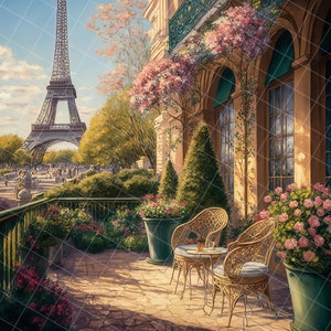 French terrace in spring digital background, background for composites