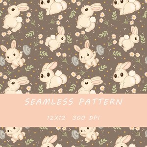 May include: Seamless pattern featuring cartoon bunnies with weights, daisies, and leaves on a brown background. The text "SEAMLESS PATTERN" is displayed, along with the dimensions 12x12 and 300 DPI.