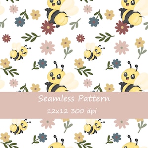 Può includere: Motivo senza cuciture con api dei cartoni animati, fiori e foglie su sfondo bianco. Le api sono gialle e nere con facce sorridenti. Fiori rosa, gialli e blu, con foglie verdi. Testo: 'Seamless Pattern'.