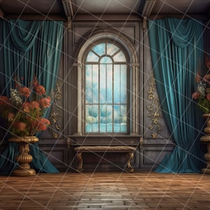 May include: A vintage-style room with a large window, two gold vases with red flowers, and a wooden bench. The walls are dark gray with gold trim and the curtains are a deep teal.