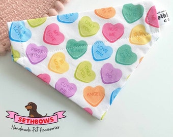 Love Hearts Dog Bandana or Neckerchief, Perfect for Valentine's or if you love Lovehearts sweets! Handmade in North Wales.