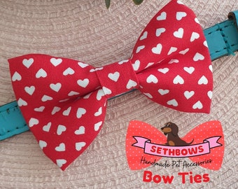Red Love Hearts Dog Bow Tie, Handmade Collar Accessory