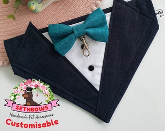 Handmade Dog Tuxedo Bandana – Navy Linen Wedding Outfit
