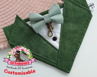 Handmade Dog Tuxedo Bandana – Hunter Green Linen Wedding Outfit