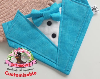Handmade Turquoise Dog Tuxedo Bandana – Linen Wedding Outfit