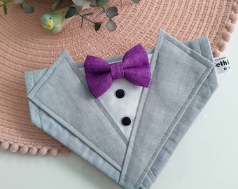 Handmade Dog Tuxedo Bandana – Light Grey Linen Wedding Outfit